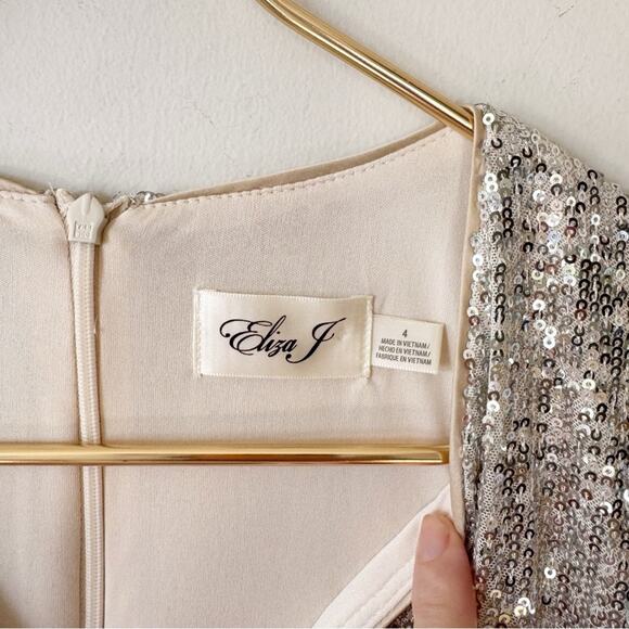 Eliza J Silver Sequin Tiered Fit and Flare Mini Dress Pockets Balloon Sleeves 4 - Picture 11 of 12